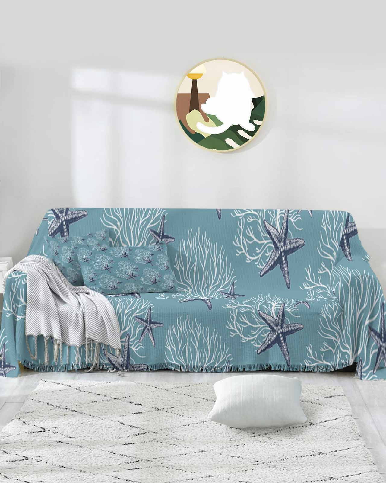 Blue Starfish Sofa Covers for 3 Cushion,Washable Couch Cover for Sectional Sofa Slipcoverwith Tassel,Coastal Coral Summer Beach Sea Nautical Loveseat Covers Futon Cover Throw Blanket 71''x118''