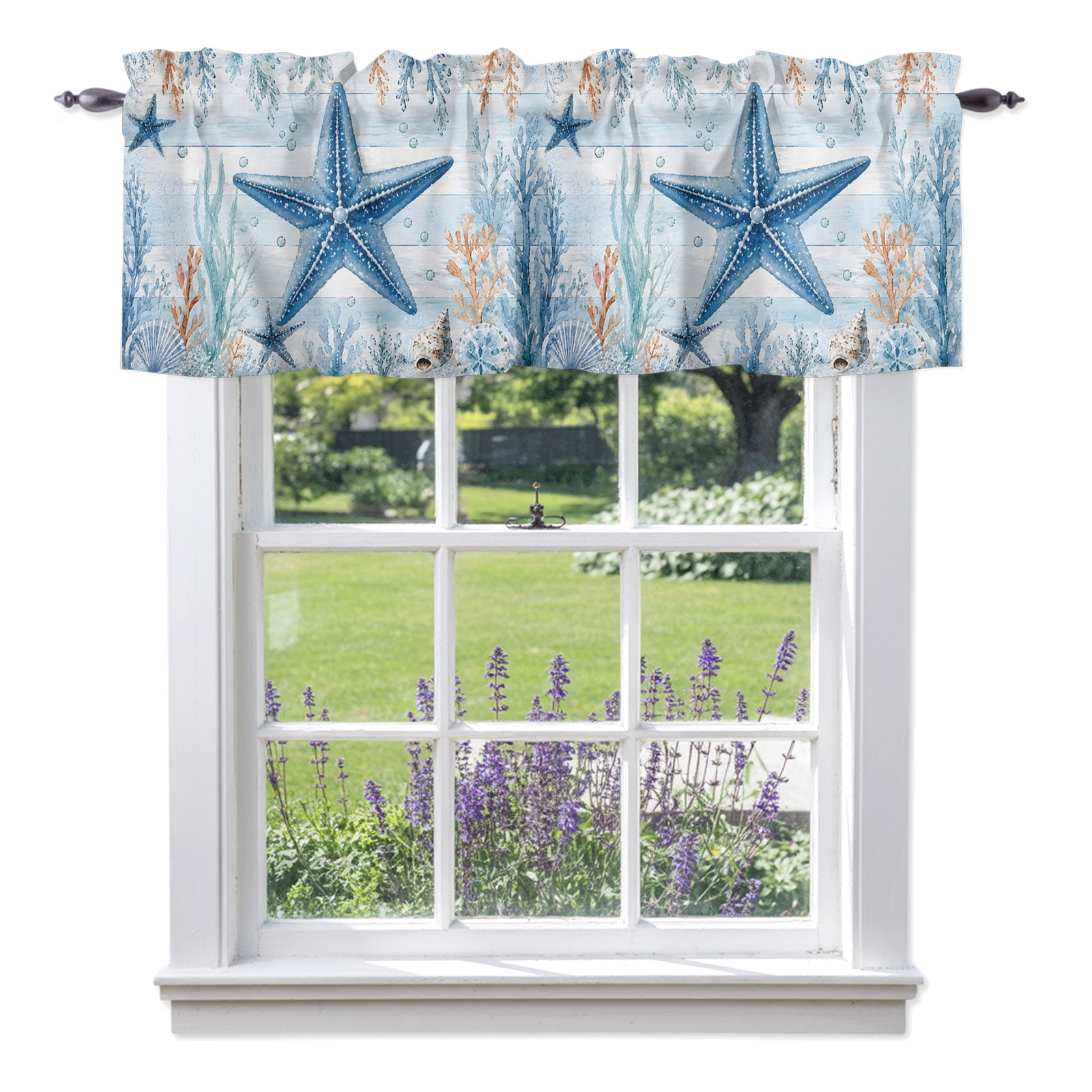 Blue Starfish Valance Curtains for Windows, Nautical Coastal Shell ...