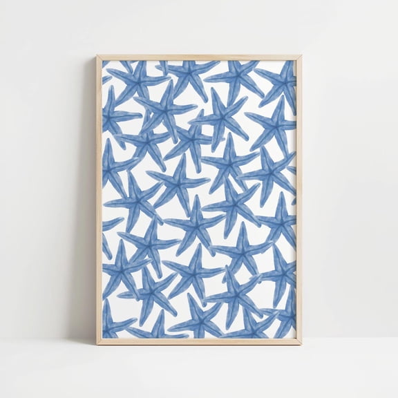 Blue Starfish Wall Art Navy Blue Seashell Poster Coastal Cowgirl Blue Aesthetic Beach House Decor, Unframed Paper Poster 8x10in