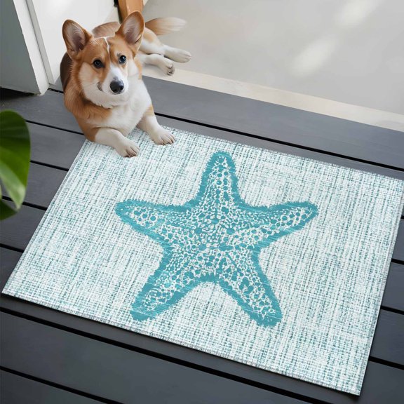 Blue Starfish Washable Entry Rug 2x3 Marine Life Ocean Linen Texture Modern Coastal Low Pile Indoor Door Mat with Rubber Backing Thin Area Rug for for Entrance, Bedroom, Kitchen, Laundry, Bathroom