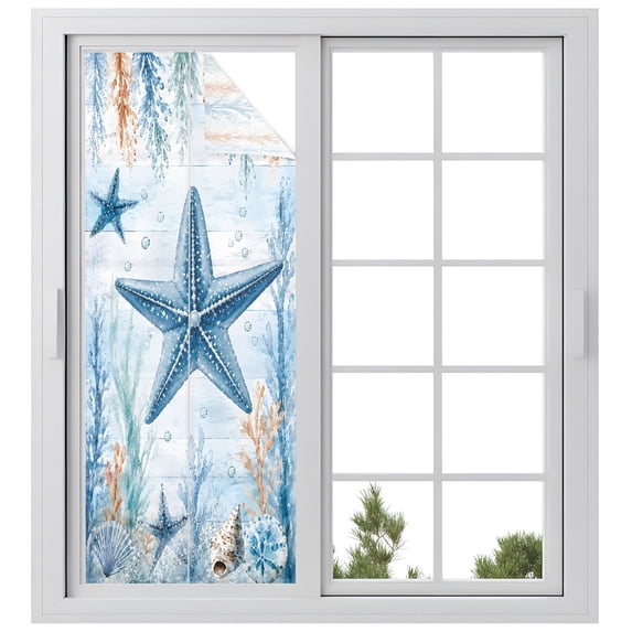 Blue Starfish Window Privacy Film, Nautical Coastal Shell Bubble Wood ...