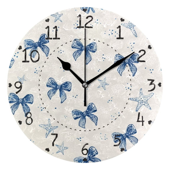 Blue Starfishes Bows Dots Vintage Round Wall Clock Silent Analog Battery Operated Black Pointer Home Decor 9.84" Diameter