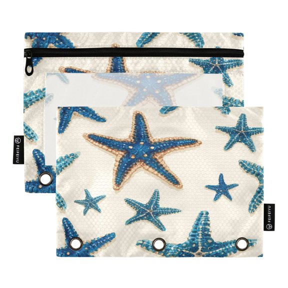 Blue Starfishes on Beige Background Binder Pouches Zipper Pocket Document Storage 3 Rings 2 Packs A5 Size