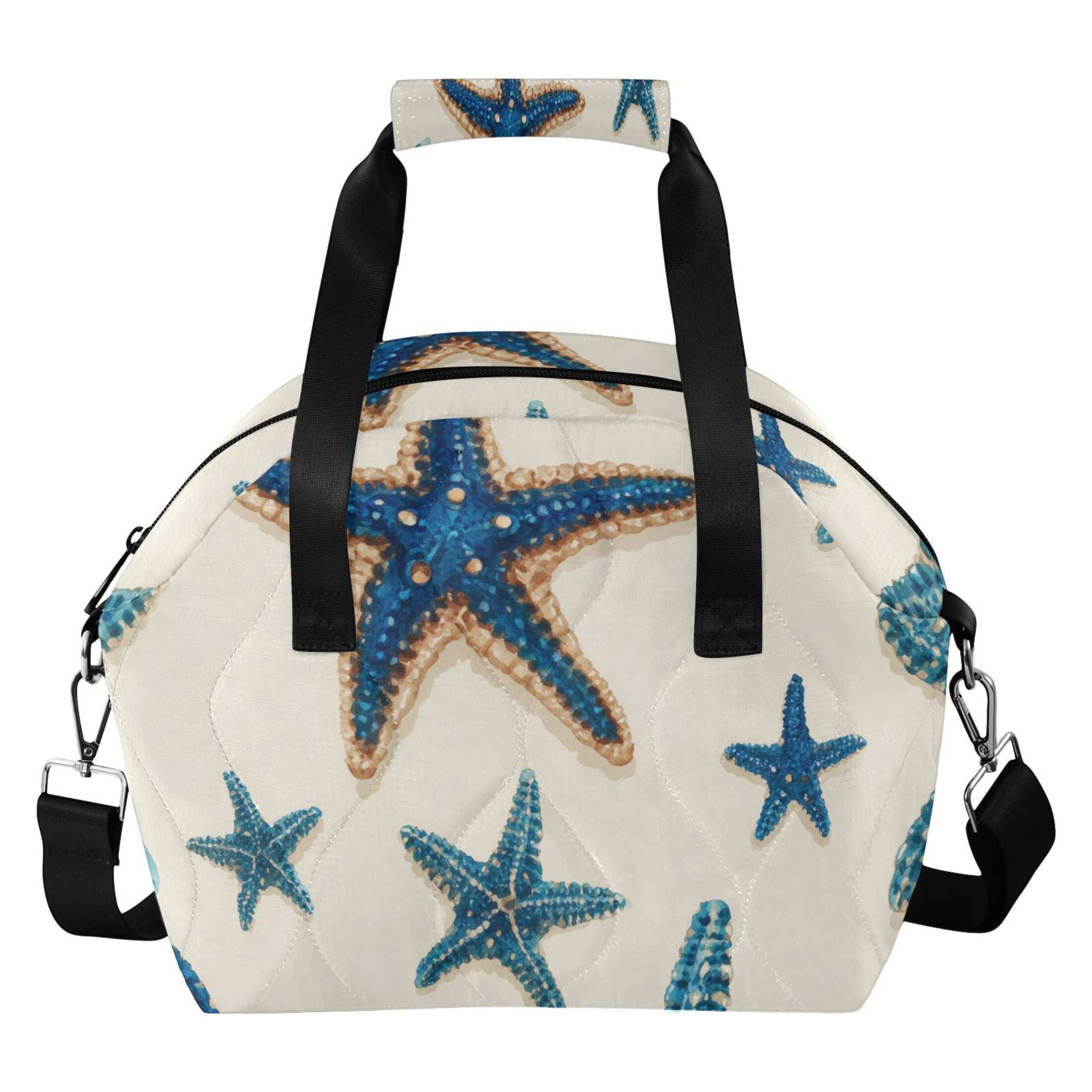 Blue Starfishes on Beige Background Insulated Lunch Bag Reusable ...