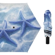 Blue Starfishes on Ocean Floor All Weather Umbrella Triple Folding Parasol 6 Ribs UV Protection Portable