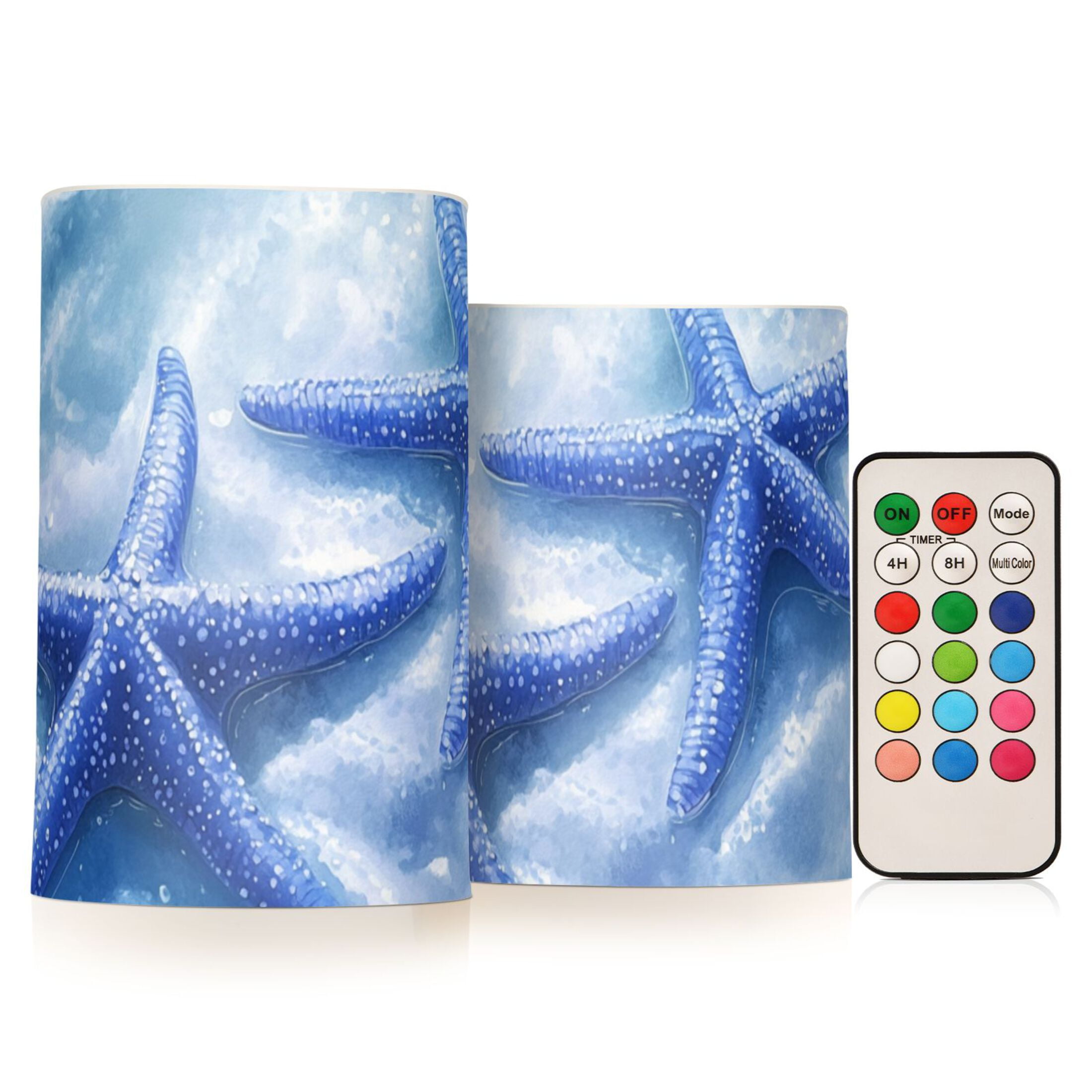 Blue Starfishes on Ocean Floor Flickering Flameless Candles LED Tealight Battery Operated with Remote Set of 2 Holiday Decor Ornaments
