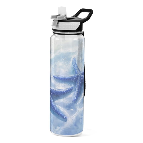 Blue Starfishes on Ocean Floor Transparent Sports Water Bottle with Straw BPA Free Tritan 32oz