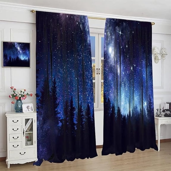 Blue Starry Galaxy Blackout Curtain,Night Forest Nature Scenery Rod Pocket Window Door Curtains For Living Room Bedroom Home Decor 53"W x 63"L (Pack of 2)