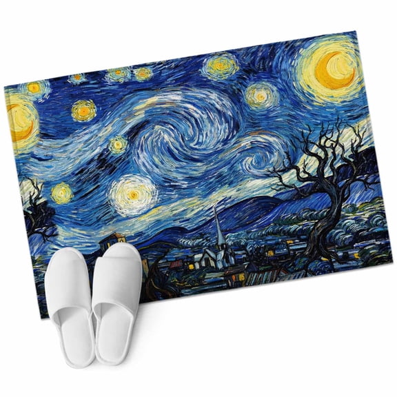 Blue Starry Night Bathroom Rug Washable 2x3 Entryway Rug Non Slip Abstract Star Sky House Tree Oil Painting Front Door Mat Low Pile Indoor Doormat Throw Floor Carpet for Kitchen Bedroom Entrance