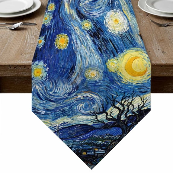 Blue Starry Night Table Runner Linen Burlap Table Runner 72 Inches Long Abstract Star Sky House Tree Oil Painting Dresser Scarves for Kitchen Island Coffee Dining Room Party Holiday Decor 14"x72"