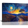 thumbnail image 1 of Blue Starry Night Wall Art Abstract Moon Landscape Picture Wall Decor Country Field Tree Nature Scenery Oil Painting Canvas Prints Framed Home Artwork for Living Room Bedroom Office 16"x12", 1 of 6