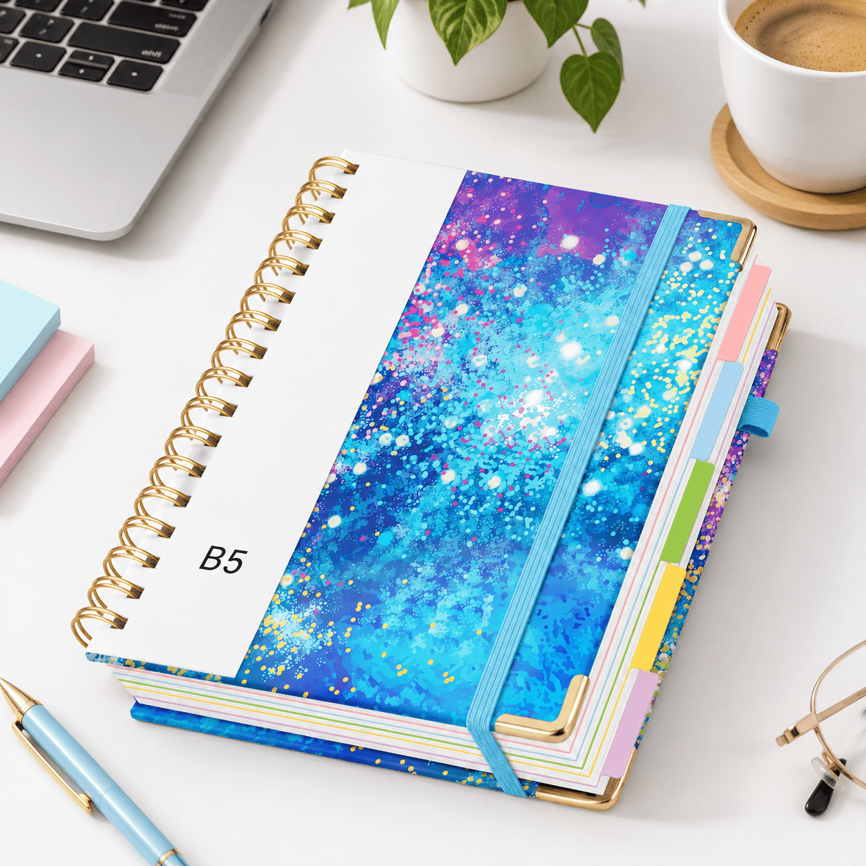 Subject Wide Ruled Blue Notebook Blue Starry Sky 8''x 10'' Hardcover Spiral 5 Subject College Ruled ...