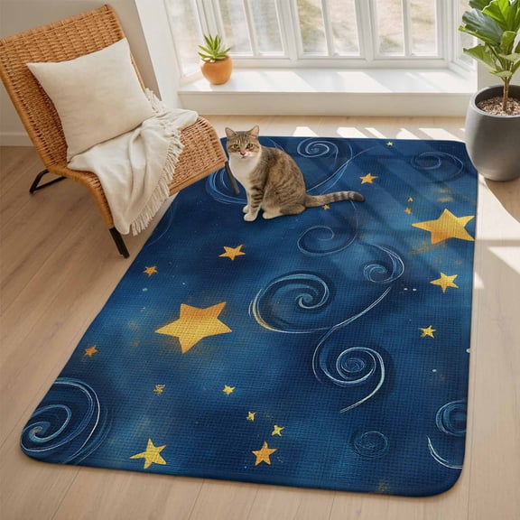 Blue Starry Sky Area Rugs for Living Room 5x6, Star Galaxy Fantasy Washable Area Rug with Non Slip Backing, Stain Resist Linen Carpet for Bedroom, Dining Room, Entryway, Entrance