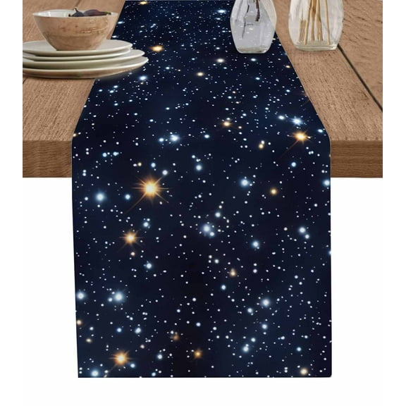 Blue Starry Sky Burlap Cotton Table Runner 13x90 Inches Long, Universe Space Galaxy Night Star Farmhouse Table Runners, Outdoor Dining Tablecloths Decor for Baby Shower/Party/Wedding