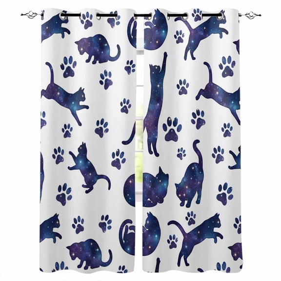 Blue Starry Sky Cat Blackout Curtains for Bedroom/Living Room, Thermal Insulated Kitchen Curtains, Cat Paw Farmhouse Grommet Darkening Window Treatment Drapes 42"x63"x2