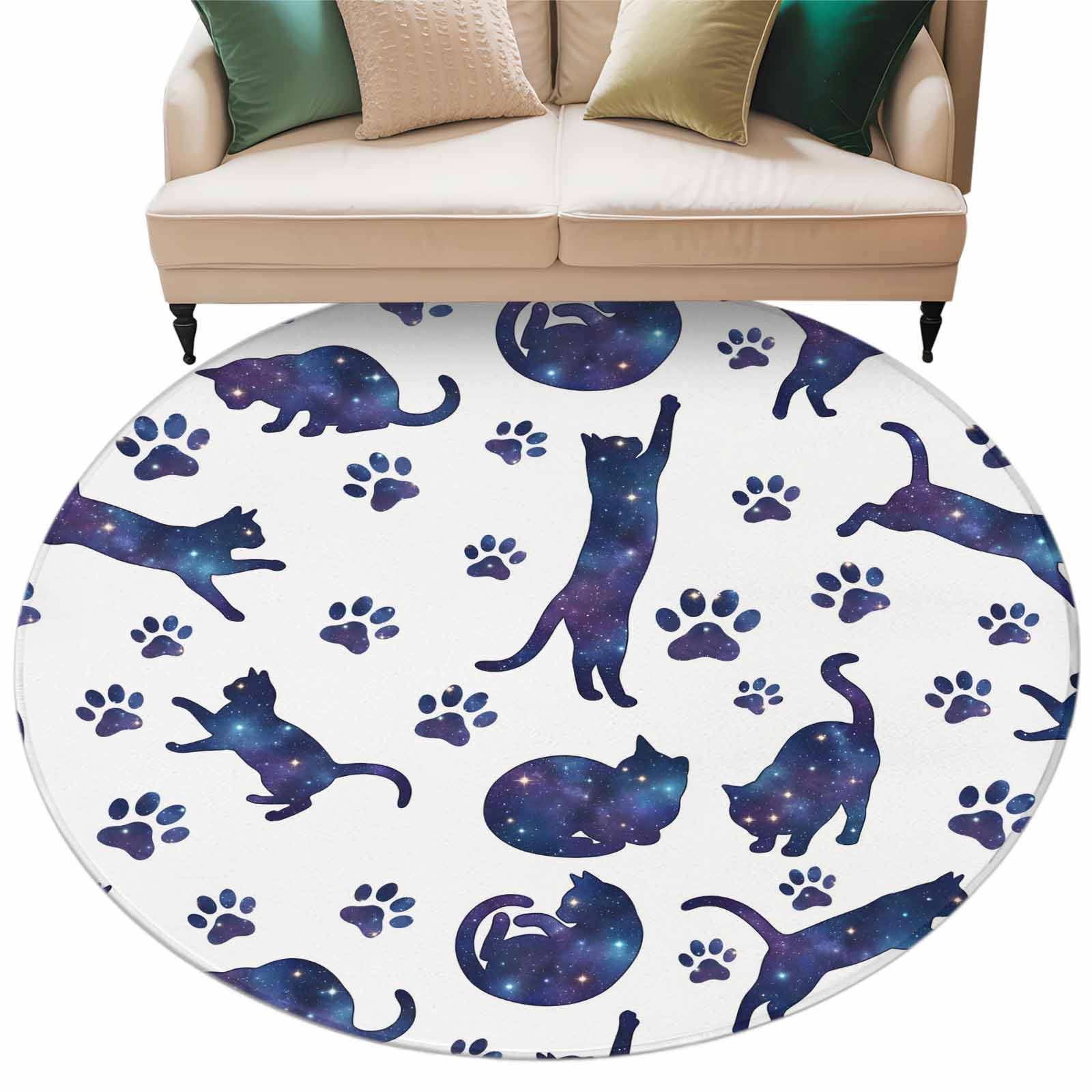 Blue Starry Sky Cat Round Rug 6ft Washable Circle Kitchen Rugs Non Slip ...