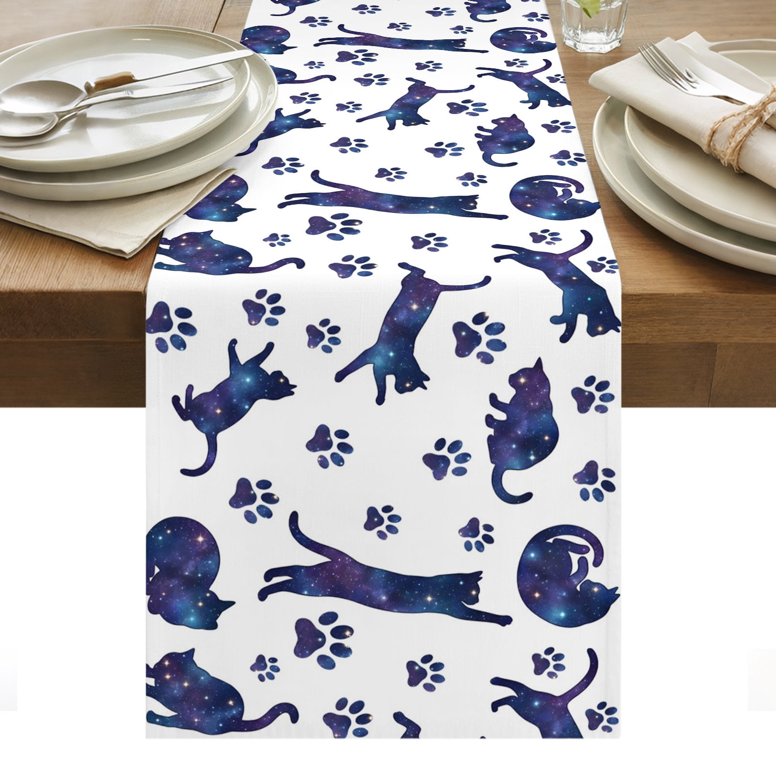 Blue Starry Sky Cat Table Runner Cat Paw Farmhouse Tablerunners 16 x 72 ...