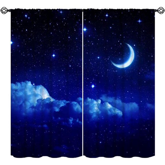 Blue Starry Sky Curtains, Fantasy Night Sky Cloud Galaxy Romantic Moon Starry Scenery Print Rod Pocket Window Treatments for Kids Bedroom Living Room 55x39in