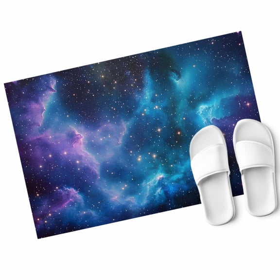Blue Starry Sky Door Mat Purple Teal Universe Shinny Stars Romantic Non Slip Absorbent Entrance Mat Washable Low Profile Indoor Doormat for Front Door Entryway Entry 16"x24"