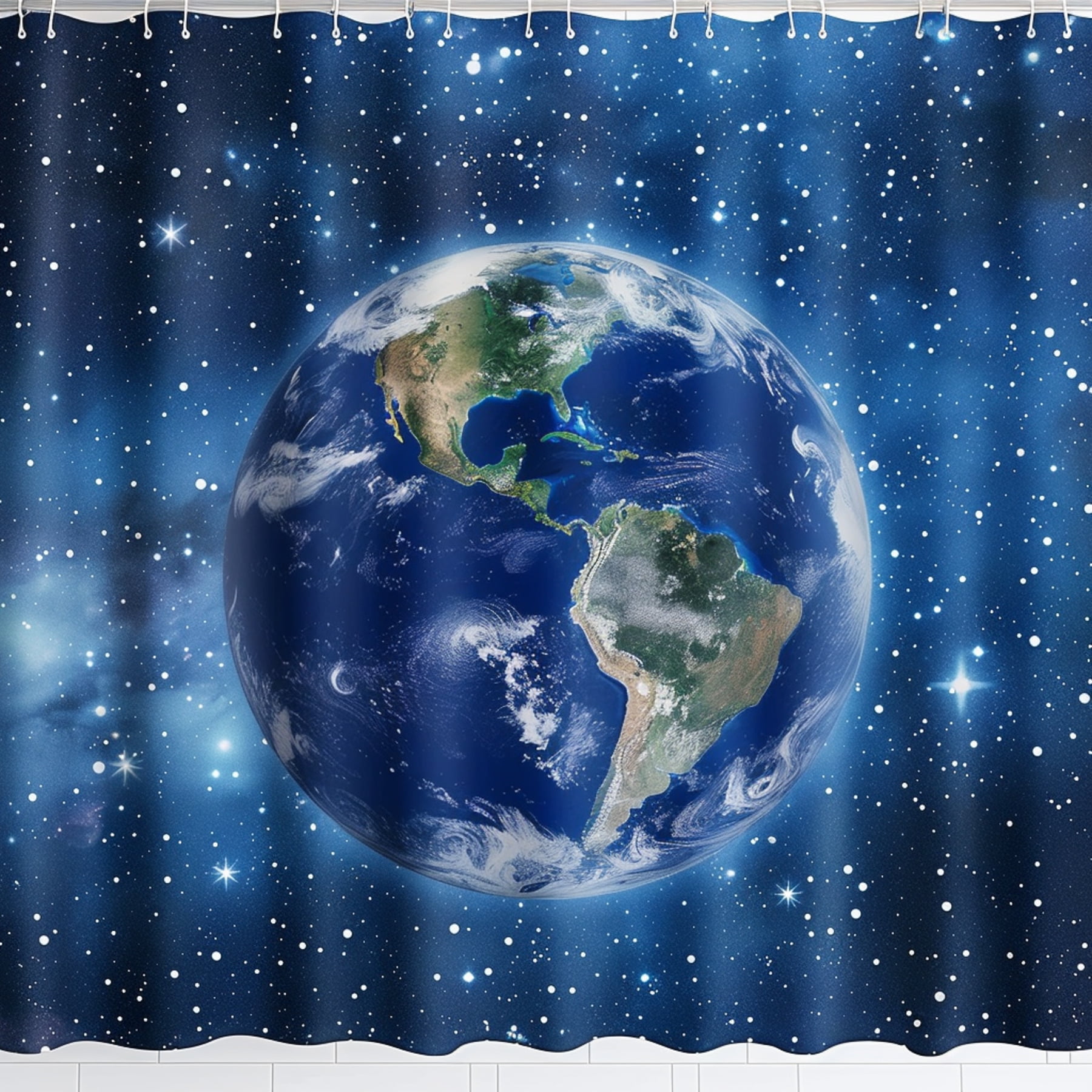 Blue Starry Sky Earth Planet Bathroom Shower Curtain Space Theme Decor ...