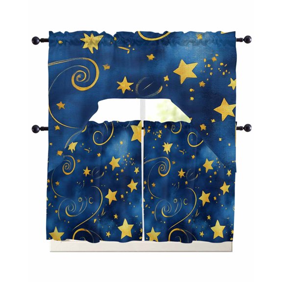 Blue Starry Sky Kitchen Curtains Set for Windows 3 Piece Cafe Curtains 36 Inch Length Swag Curtains Valances and Tier Set Yellow Star Abstract Art Drapes for Bedroom Bathroom Living Room