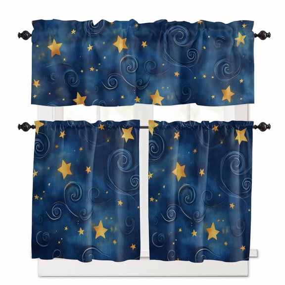 Blue Starry Sky Kitchen Curtains and Valances Set, Star Galaxy Fantasy Rod Pocket Window Valance 18 Inch Window Curtain Panels for Living Room Bedroom Laundry, 27.5x24in, 3 Pieces