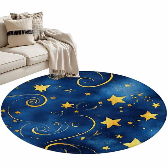 Blue Starry Sky Round Area Rug 3ft Star Galaxy Non-Slip Washable Circle Rugs Soft Felt Indoor Floor Mat for Bedroom Kitchen Living Room Bathroom