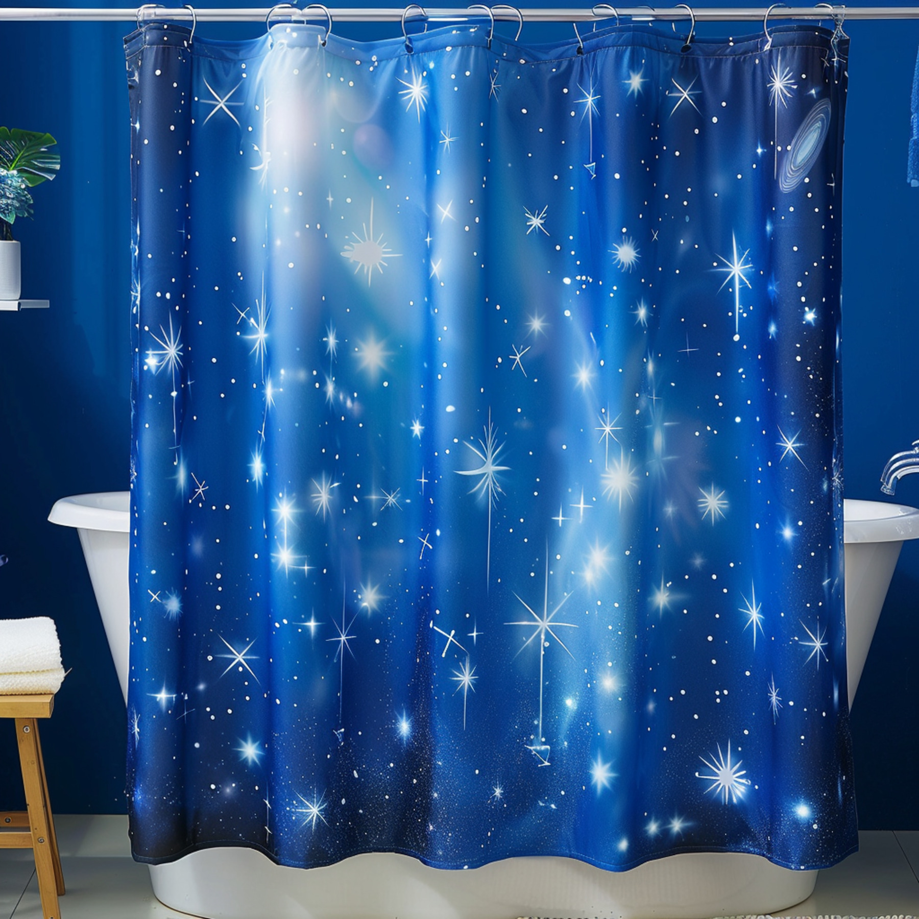 Blue Starry Sky Shower Curtain Design with Twinkling Stars and Comets