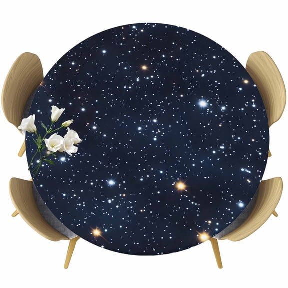 Blue Starry Sky Table Cloth, Round Fitted Tablecloths with Elastic Edge, Universe Space Galaxy Night Star Wipeable Waterproof Table Cover for Kitchen Wedding 36-44 Inches