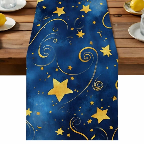 Blue Starry Sky Table Runner, Star Galaxy Cotton Linen Table Cloth, Fantasy Romantic Tablerunner for Kitchen Dining Party Wedding Home Decor 13x36 Inch