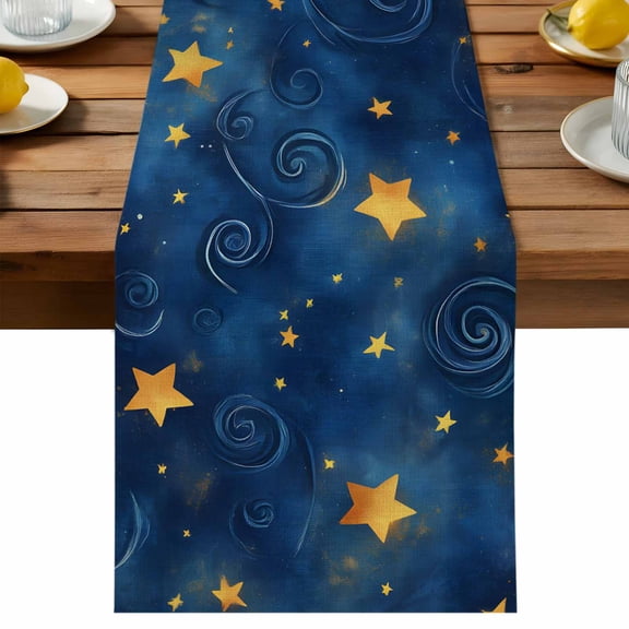 Blue Starry Sky Table Runner, Star Galaxy Cotton Linen Table Cloth, Fantasy Tablerunner for Kitchen Dining Party Wedding Home Decor 13x60 Inch