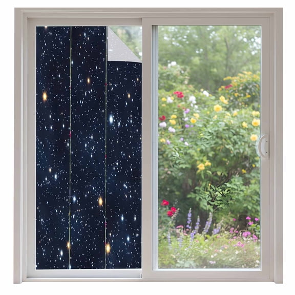 Blue Starry Sky Window Privacy Film, Universe Space Galaxy Night Star Static Cling UV Sun Blocking Heat Control Window Tint Day and Night, Non-Adhesive One Way Windows Privacy Cover 35.4''x78.7''