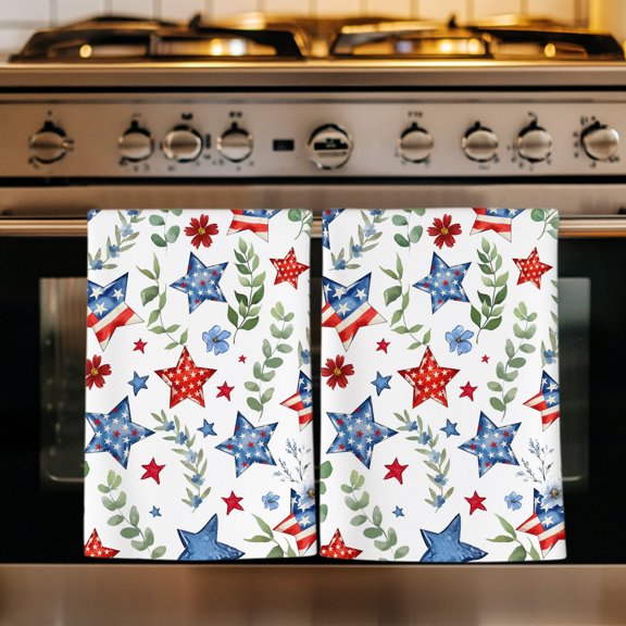 Blue Stars 4th of July Kitchen Towels Set of 1, Independence Day Eucalyptus Leaves Absorbent Dish Towels for Kitchen, Microfiber Hand Towel, Quick Drying Tea Towel for Cleaning Decorative Dishcloths