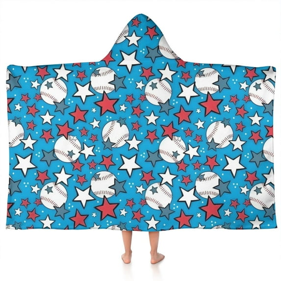 Blue Stars and Baseballs Pattern Hooded Bath Towel,50"x30" for Ages 3 To 12 Kids, Quick Dry Lightweight Soft Microfiber Hood Beach Towel Cover Up for Kids