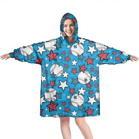 Blue Stars and Baseballs Pattern Wearable Oversized Blanket,Wearable Blanket Hoodie for Adults,Cozy Hooded Blankets with Super Pockets,Super Warm Fuzzy Pullover for Women & Men