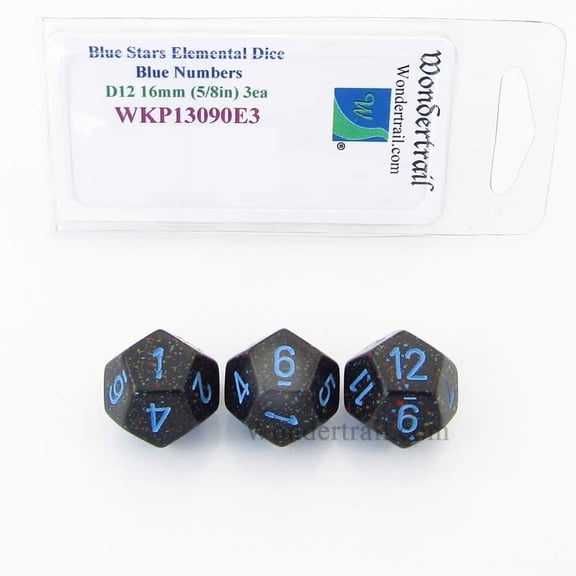 Blue Stars Elemental Dice with Blue Numbers 16mm (5/8in) D12 Pack of 3 Wondertrail