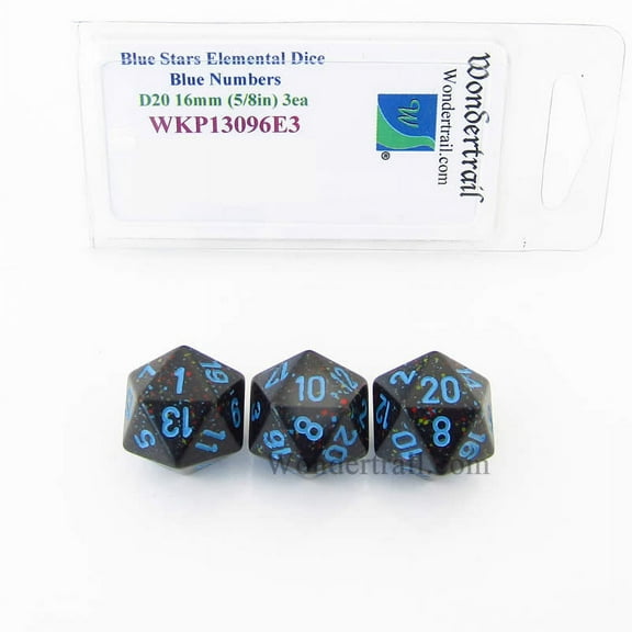 Blue Stars Elemental Dice with Blue Numbers 16mm (5/8in) D20 Pack of 3 Wondertrail