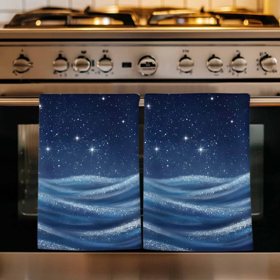 Blue Stars Kitchen Towels Set of 1, Fantasy Blue Waves Cosmos Sky Absorbent Dish Towels for Kitchen, Microfiber Hand Towel, Quick Drying Tea Towel for Cleaning Decorative Dishcloths