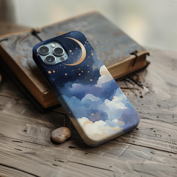 Blue Stars Moon Phone Case Fits iPhone Samsung Pixel Slim Hard Shell Watercolor Cloud Art Celestial Gift