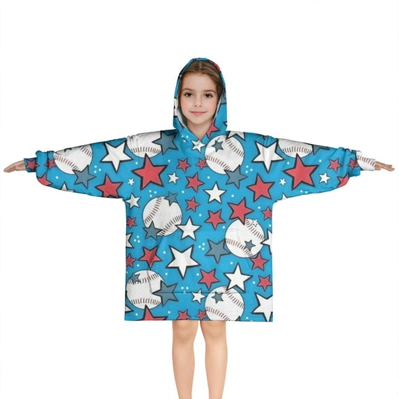 Blue Stars and Baseballs Pattern Blanket Hoodies for Kids 6-13YR Oversize Wearable Blanket Hoodies for Boys Girls Teens