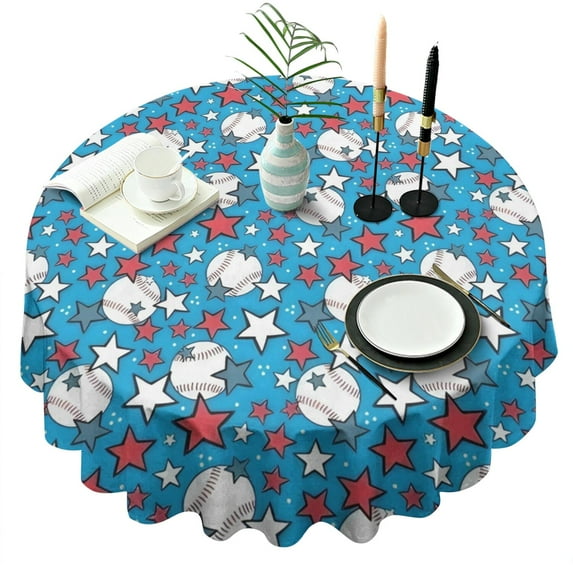 Blue Stars and Baseballs Pattern Round Tablecloth 60"x60",Wrinkle Wipeable Table Cloth for Kitchen Dining Room Picnic Patio Party