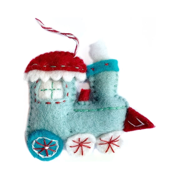 Blue Steam Train Ornament - Felt Wool Fair Trade Christmas Decor Handmade in Nepal