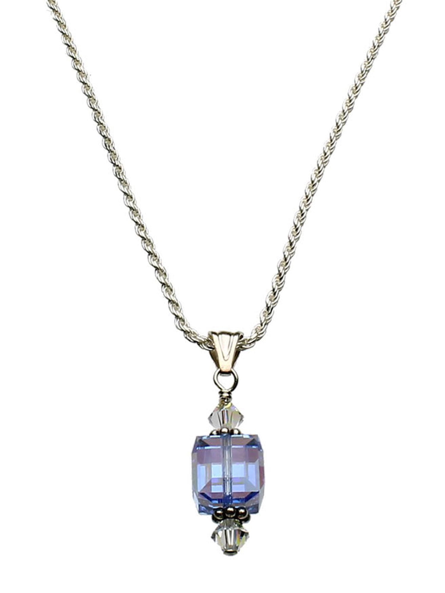 Blue Sterling Silver Diamond-Cut Rope Chain Necklace Cube Pendant