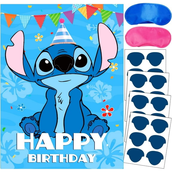 Blue Stitch Party Supplies Decorations, Cartoon Stitch Birthday Party Pin Game, Large Poster 24PCS nose stickers for Stitch Birthday Party Favors Decorations