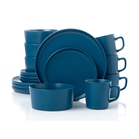 Blue Stoneware Dinnerware Set, 16 Piece, Service for 4, Microwave and Dishwasher Safe