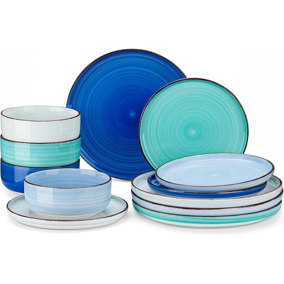 Blue Stoneware Dinnerware Set for 4, 12 Pieces, Dishwasher and Microwave Safe