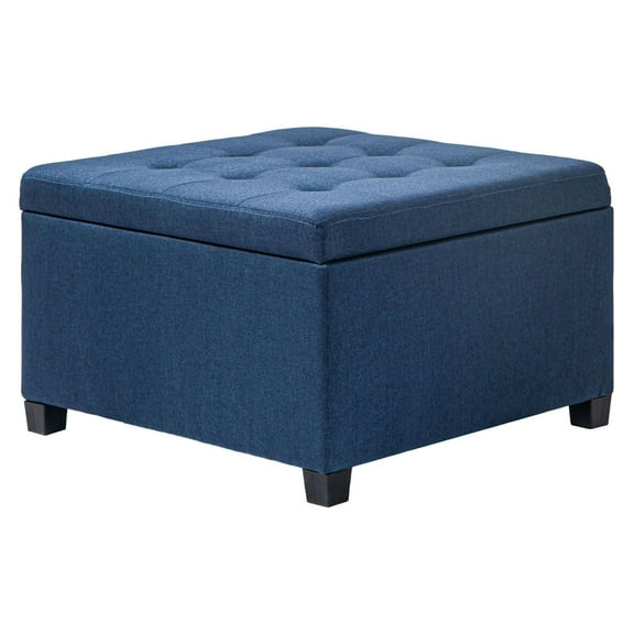 Blue Storage Ottoman Bench, Button Tufted Flip Top Ottoman, 27.5" Square, Living Room Entryway Bedroom Seating