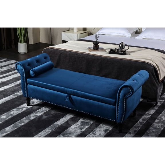 Blue Storage Ottoman Bench | End of Bed or Window Side Placement, Storage and Resting | Velvet Upholstery with Pressure Hinges | Easy to Clean and Assemble