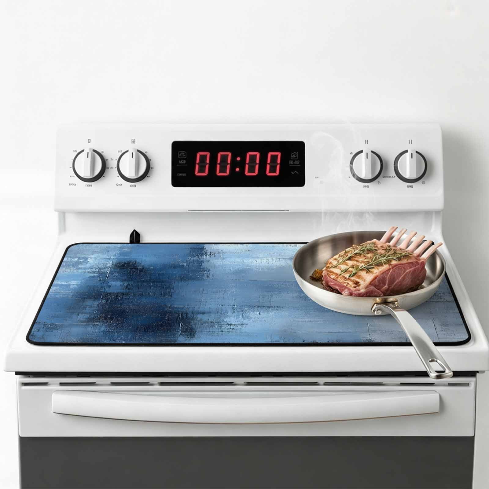 Blue Stove Top Cover for Electric Stove, Heat-proof & Non Slip Glass Top Stove Cover Protector, Vintage Modern Ombre Oil Painted Abstract Art Kitchen Flat Cooktop Rubber Mat 24x21 Inches