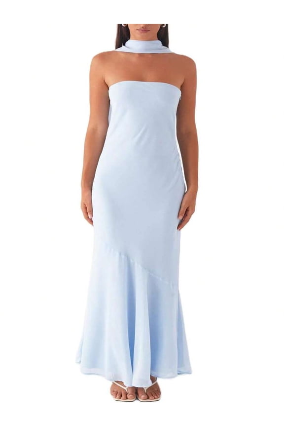 Blue Strapless Maxi Dress With High Neck Scarf Detail Flowy Sheath Long Dress For Beach Or Evening